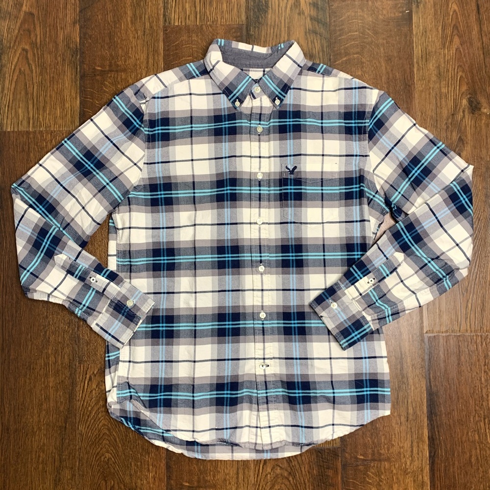 American Eagle Classic Fit Blue Plaid Burton Front